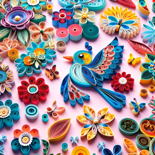  Çeşitli renklerde ve şekillerde quilling sanat eserleri, çiçek buketleri, hayvan figürleri ve soyut desenler.