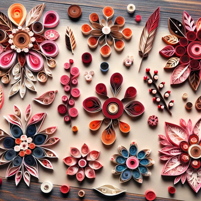 Renkli kağıt şeritleri, quilling kalemi, yapıştırıcı, cetvel ve kesici ile quilling başlangıç seti.